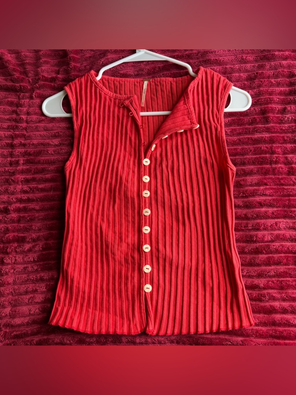 Free People Sleeveless Ribbed Button-Front Top in Bright Red